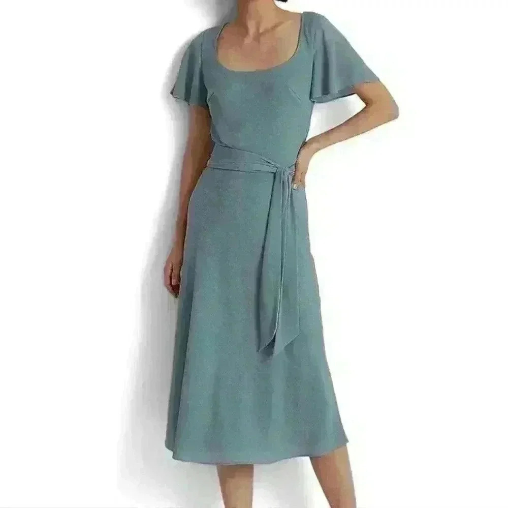 NWT Lauren Ralph Lauren Blue Belted Flutter Sleeve Midi Dress